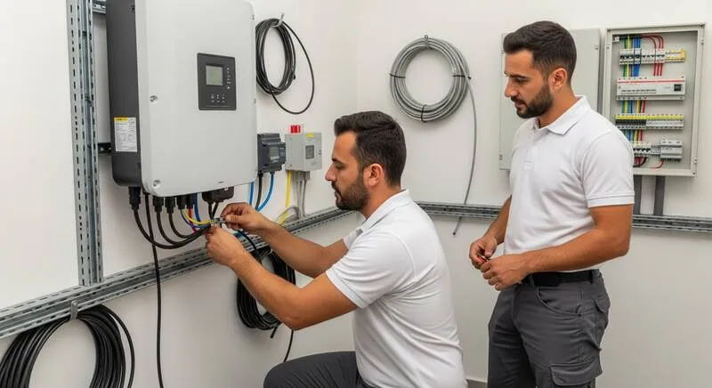 Photovoltaik inverter kablo bağlantısı ve elektrik tesisatı Antalya villa çatısı - güneş paneli kurulumu 2026 089 Bayern elektrik ekibi photovoltaik inverter kablo bağlantısı güneş paneli elektrik tesisatı villa çatısı Antalya